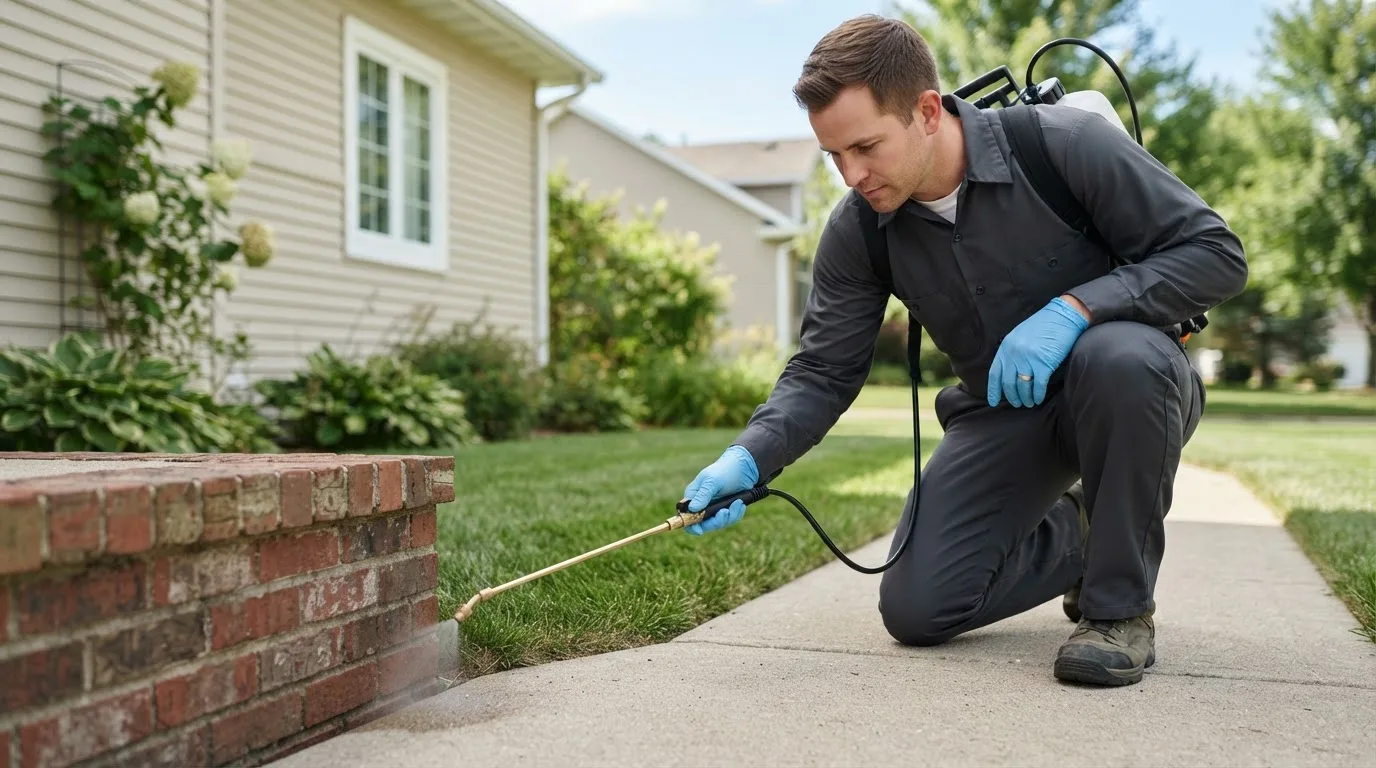Pest control technician treating a home near Grainfield, KS